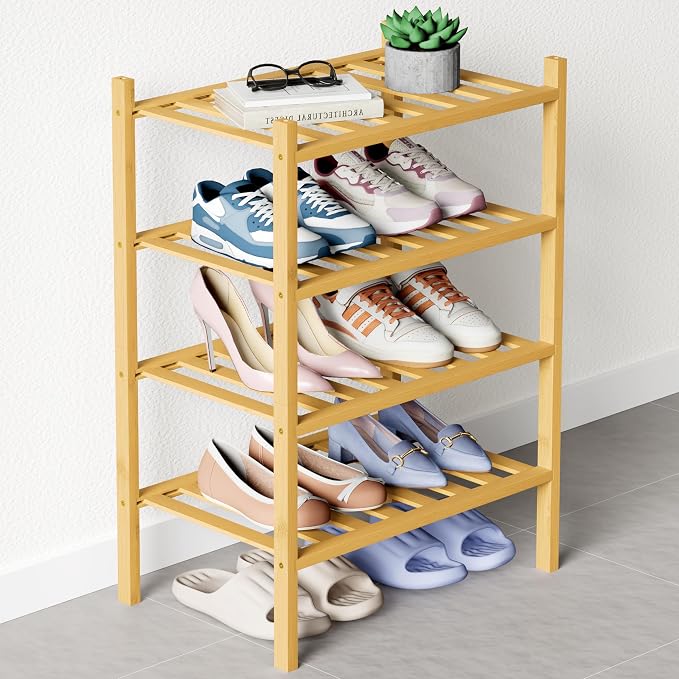 Smiry Bamboo Shoe Rack for Closet, 4 Tier Small Wooden Shoe Organizer, Stackable Wood Shoe Storage Shelf for Entryway, 14 Vertical Slats, 2+2 Stack Heavy-Duty Legs, 17.32"x11.02"x25.98", Natural