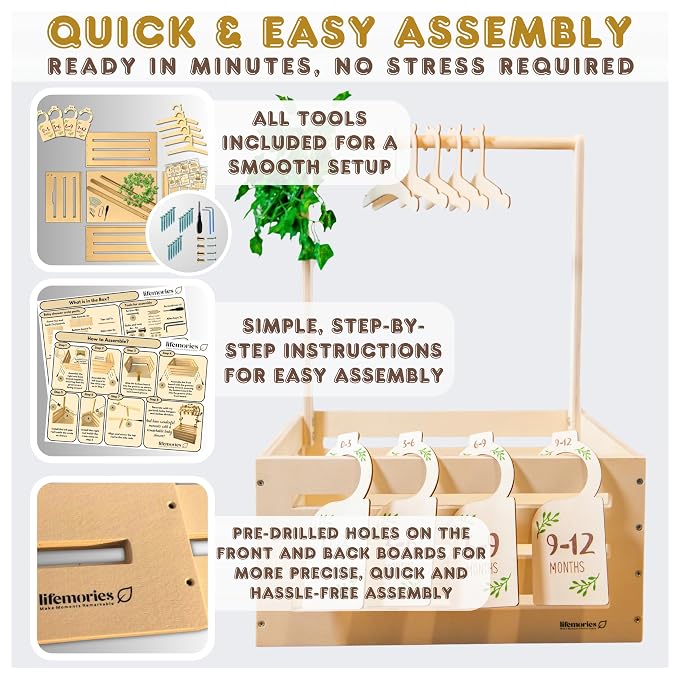 Wooden Baby Shower Crate Closet with Clothes Hangers & Dividers, Large Gift Basket for Boys & Girls, Wood Box Storage & Display with Handles & Ivy Garland, Welcome Gifts for New Parents.