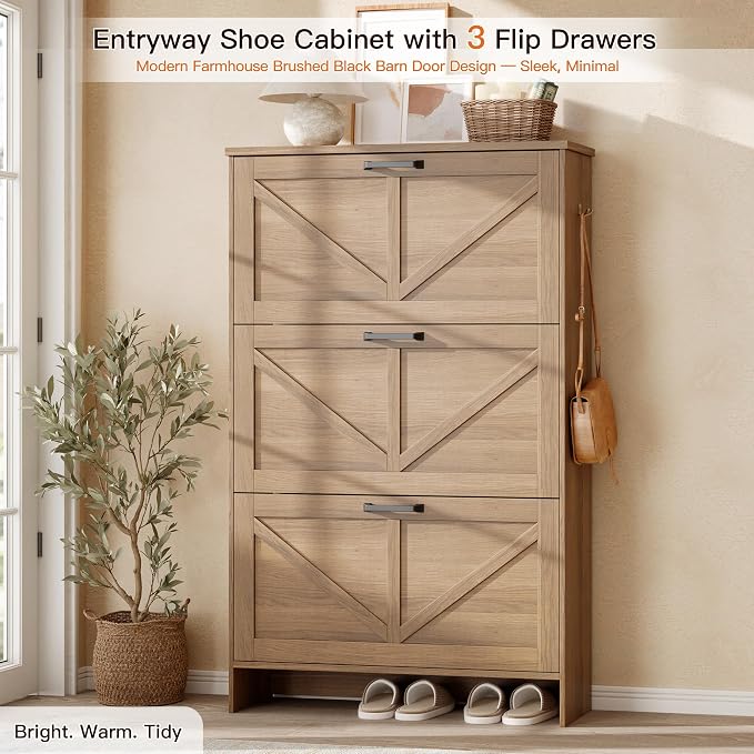 Nicetree Shoe Cabinet for Entryway, 3 Flip Drawers Shoe Storage Cabinet with 3-Tier Adjustable Shelves, Ultra Slim Freestanding Hidden Shoe Organizer with Barn Door Design, Caramel Brown