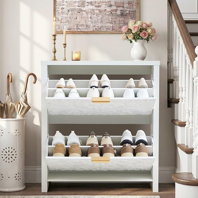 weselon Shoe Cabinet with Flip Drawers, Narrow Shoe Storage Cabinet, 2-Tier Hidden Shoe Organizer with Carved Floral for Entryway, Mid-Century Modern Slim Shoes Storage for Hallway Foyer (1, White)