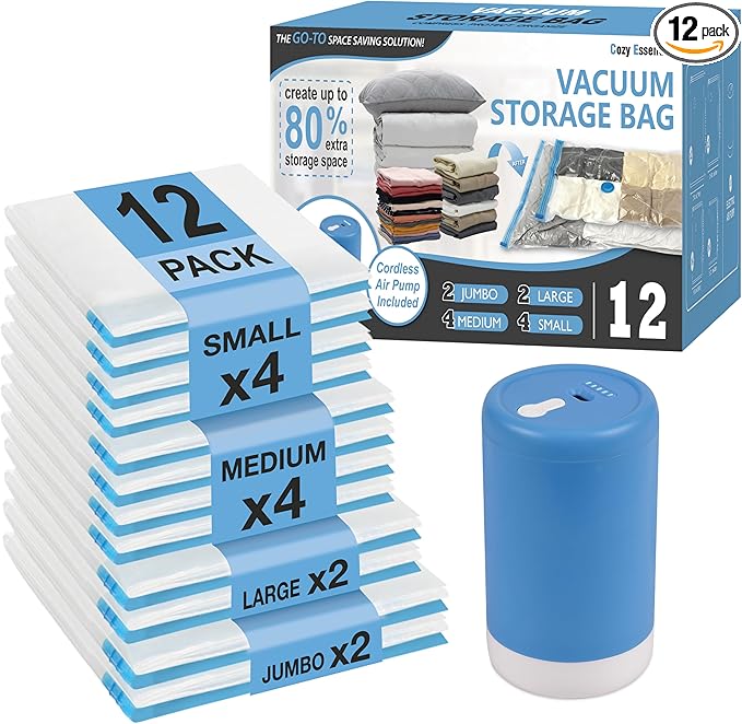 Cozy Essential Travel Vacuum Storage Bags with Rechargeable Cordless USB Pump, Space Saver Bags for Luggage, Suitcase, Carry-On, for Clothes, Blankets, Bedding & Seasonal Storage,12 Combo