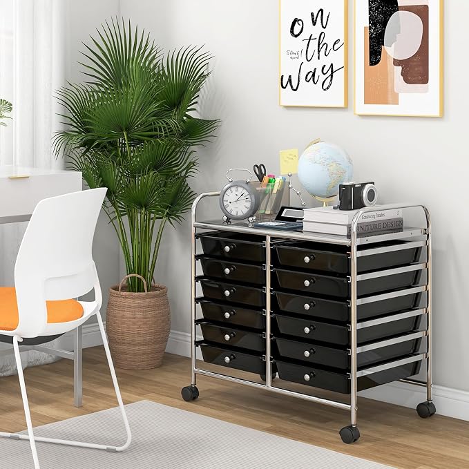 LDAILY 12 Drawer Rolling Storage Cart, Craft Cart Organizer on Wheels w/Metal Frame, Large Capacity & Smooth Drawer, Rolling Cart w/Drawers for Classroom, Office