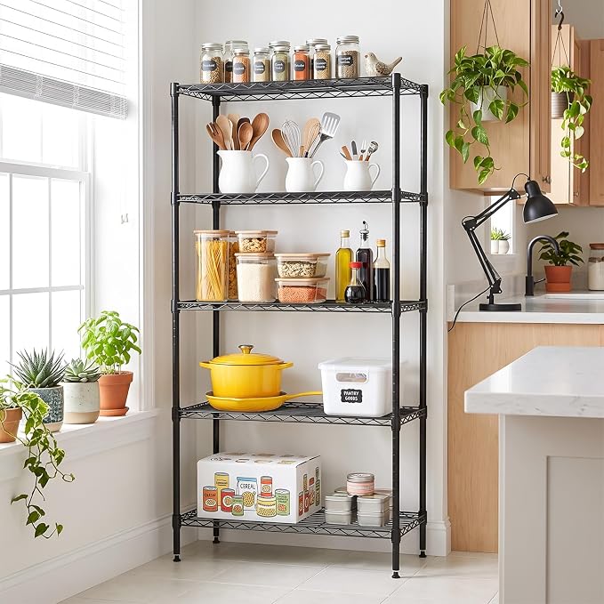 BestOffice | 5-Tier Wire Storage Shelves with Wheels | 14x30x60 | Black | Adjustable Racks | Heavy-Duty Metal Shelf, Holds Upto 220 lbs | No-Tool Assembly | Ideal for Home & Garage Shelving