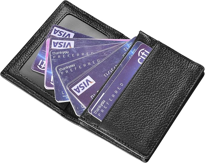 Genuine Leather Business Card Holder Name Card Case Credit Card Wallet with ID Window RFID Blocking (Black)