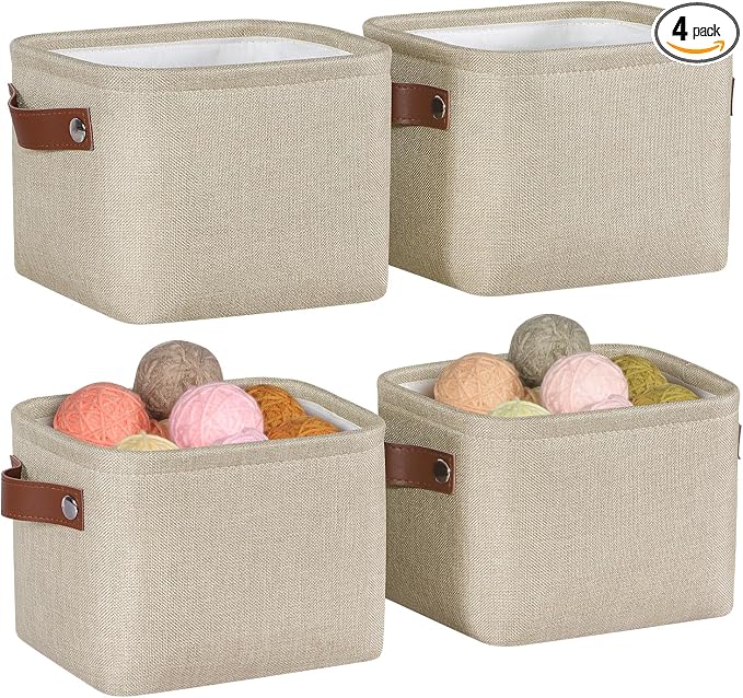 Small Fabric Storage Bins, Mini Storage Cubes, 7.8x6.7x5.9 inch | Decorative Storage Basket, Collapsible Storage Organizer, with Handles, For Desk Shelves Makeup, 4-Pack, Brown