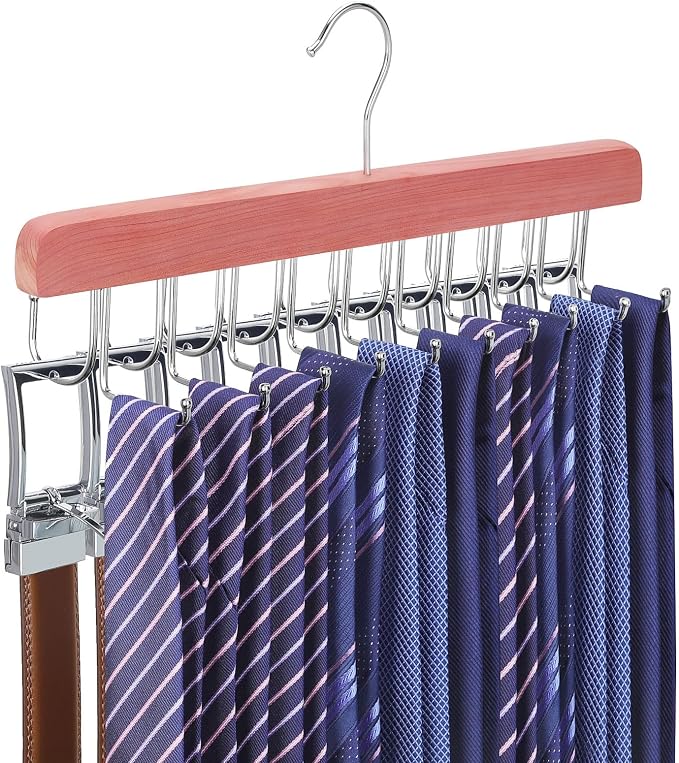 TOPIA HANGER Cedar 2 in 1 Belt Tie Hanger for Closet Max 30 Belts with 30 Ties Capacity, 20 Hooks Belt Tie Racks Hanger for Closet Organizer Storage “U” Fit Belt and “一” Fit Tie - CT53C