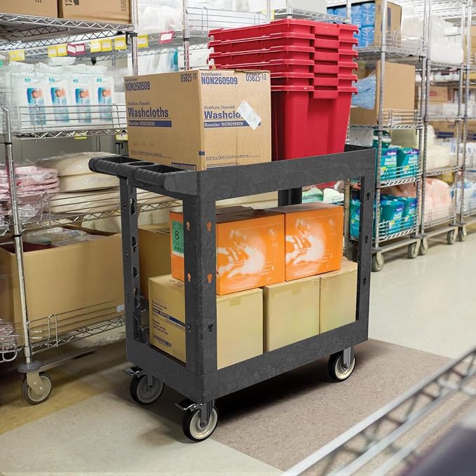 Plastic Utility Cart on Wheels, 34 x 17 Inch Rolling Service Cart-Black | 2 Shelf Work Carts, 500 lbs Capacity Heavy Duty Tool Cart W/Tub Storage & Deep Shelve, for Warehouse, Garage, Cleaning