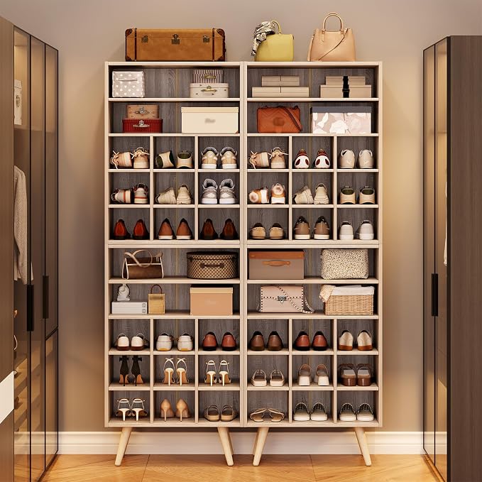 5 Tiers Shoe Cubby, Shoe Storage Cabinet with 9 Cubbies, Wooden Shoe Rack Organizer with 2 Shelves and Legs, 10-15 Pairs, Freestanding Cubby Shoe Rack for Closet, Entryway, Bedroom, Natural