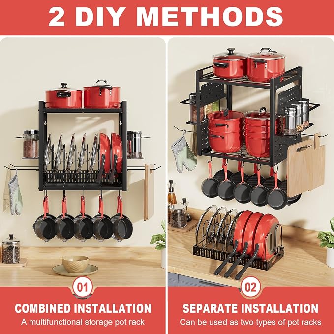 16 Inch Pot Rack Wall Mounted, 2-Tier Pots and Pans Organizer with 10 Hooks & Pan Organizer and Spice Rack, Heavy Duty Hanging Pot Hanger for Kitchen Cookware, Utensils, Black