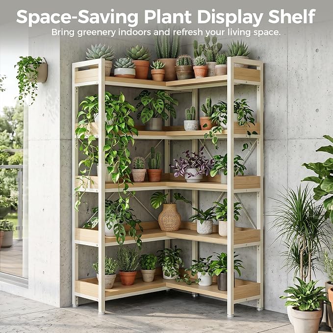 GTPLAYER 5-Tier Corner Bookshelf, L-Shaped Metal Frame Shelf with Tall 14" Shelves, Plant Stand and Storage Rack for Small Spaces, Living Room and Home Office, Light Oak
