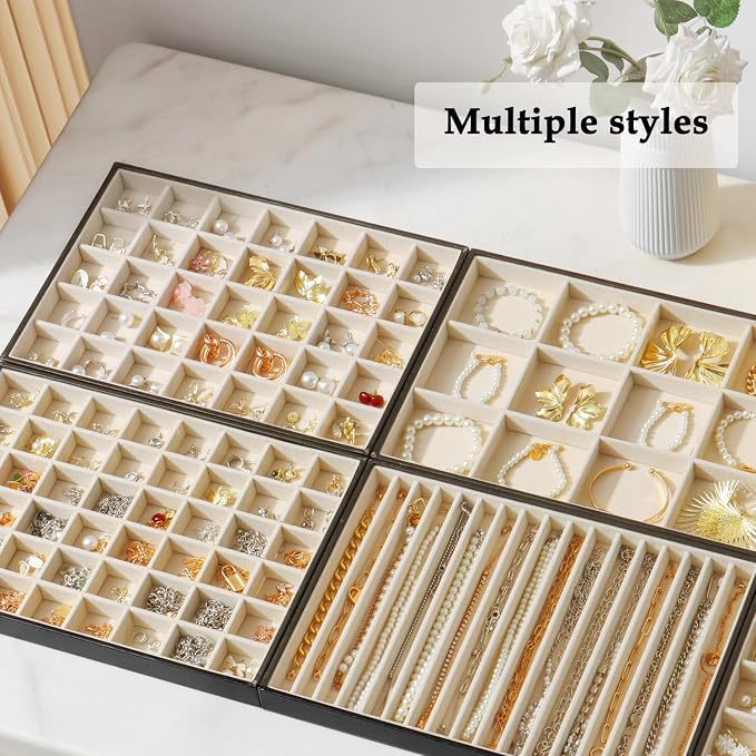 Large Jewelry Organizer Tray 2 Pack, Stackable Jewelry Storage Holder for Drawer Inserts, PU Leather Velvet Jewellery Display Case for Earring Bracelet Necklace Ring (Black Beige, 48 Grids)