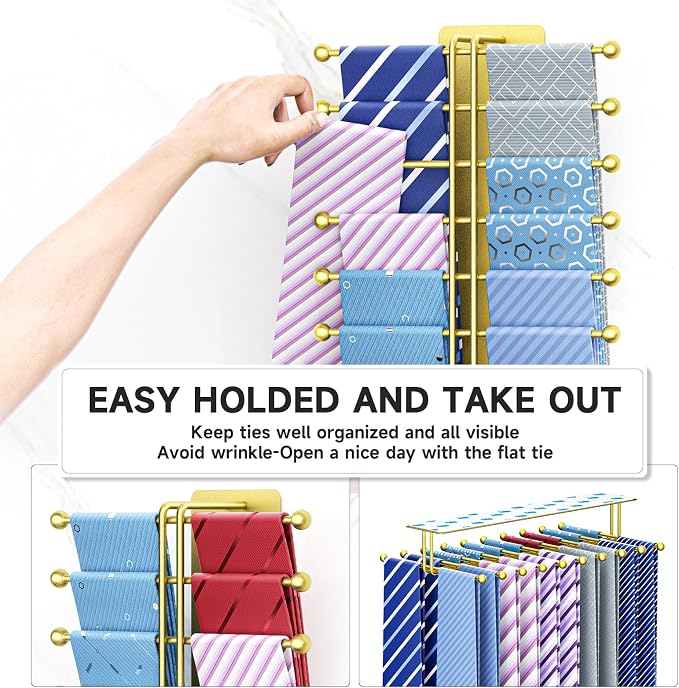 Tie Rack Wall Mounted, Tie Organizer for Men, Tie Rack Hanger for Closet Metal, Adhesive Tie Holder Organizer with 20 Hooks, Tie Storage for Wall Bedroom Living Room Dresser Room (Gold)