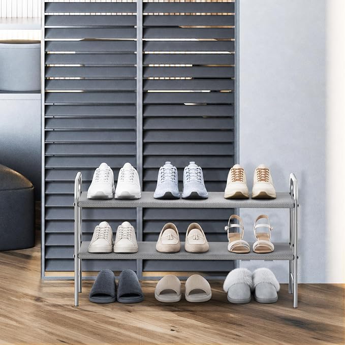 Simple Houseware 2-Tier Shoe Rack Storage Organizer, 12 Pairs, Grey | Space-Saving Shoe Shelf with Sturdy Metal Frame and Non-Woven Fabric Shelves for Entryway, Garage & Corridor