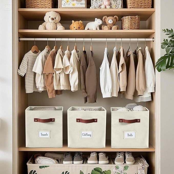 DECOMOMO Storage Bins, Cube Storage Bin with Labels, Fabric Storage Cubes for Shelves (10.5" x 11" / 6pcs, Beige)
