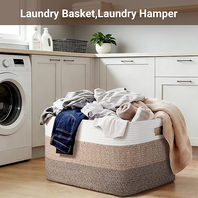 Large Laundry Basket/Hamper, 25"x16"x16" Rectangle Woven Basket | Toy Storage Basket, Baby Blanket Basket, With Handle, Shelf Basket, Living Room Organizing