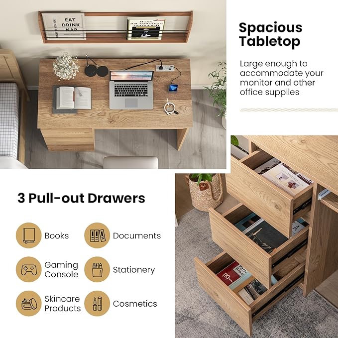 DREAMADE 42" Computer Desk with 3 Drawers and Keyboard Tray, Natural | Wood Study Desk with Storage, Built-in Charging Station & Slide Out Tray, Writing Table for Home Office Studyroom & Bedroom
