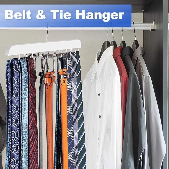 RESOVO Upgraded Tie Rack Hanger with 20 Foldable Metal Hooks, Space Saving Necktie Organizer for Men – Large Capacity Tie and Belt Wooden Hanger for Closet - White