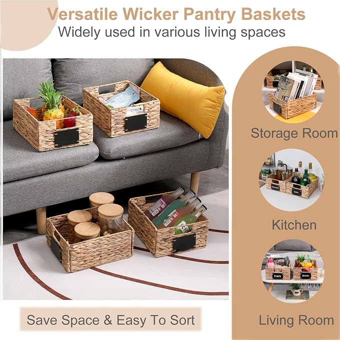 LYJWOO6D Water Hyacinth Storage Baskets Set of 4 Wicker Pantry Baskets,Hand-Woven Foldable Seagrass Organizers with Chalkboard Labels and Chalk Marker,Rectangular Shelf Basket for Organizing
