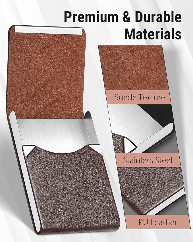 MaxGear Business Card Holder, PU Leather Business Card Case, Coffee | Stainless Steel Interior, Magnetic Closure, RFID Blocking, Holds 15–25 Standard Business Cards