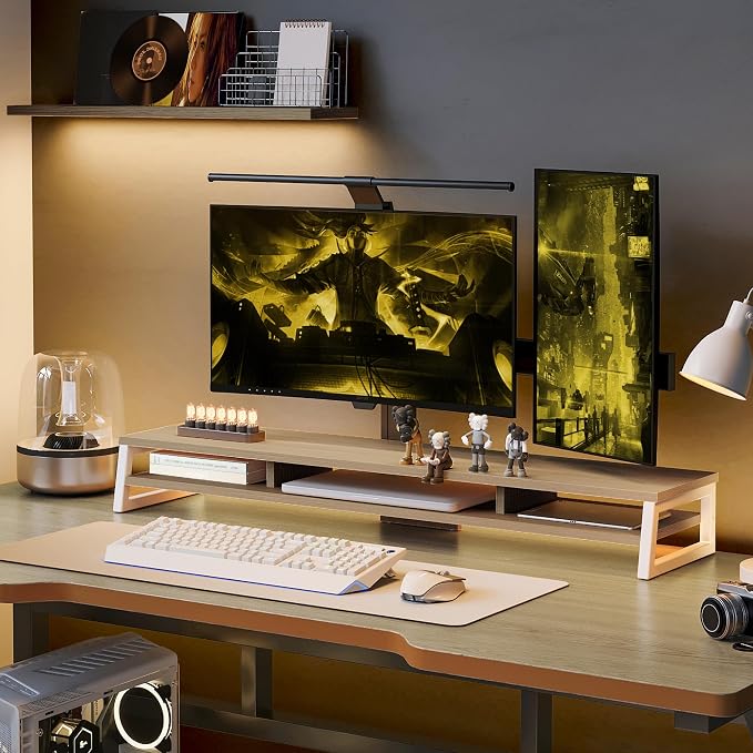 Fenge Dual Monitor Riser for Desk, Open Shelf with 3 Storage Compartments | 42.5in Computer Monitor Stand, 2-Tier Desk Shelf for Top of Desk,One-Piece Panel, fit Ultrawide Monitor, PC, Laptop, Oak