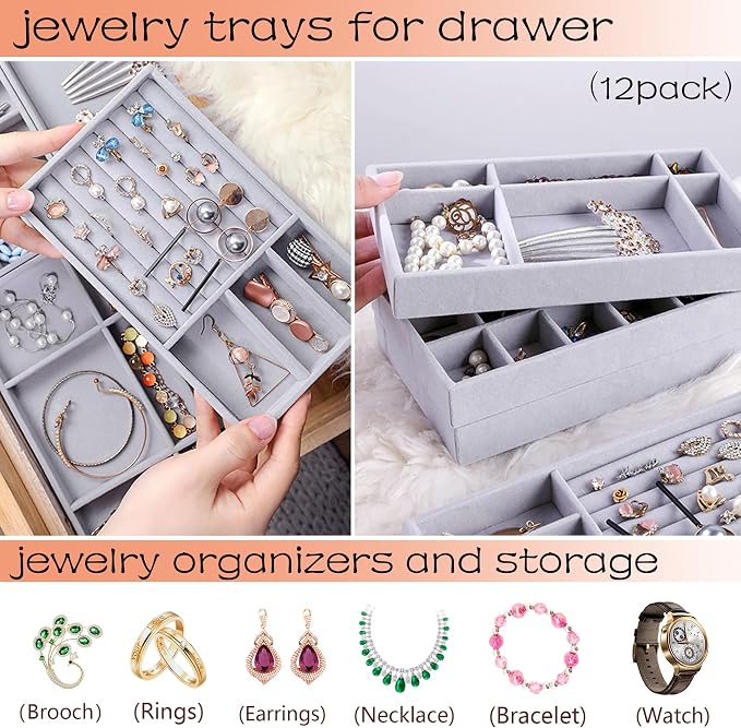 12 Set Jewelry Organizer Trays Stackable Jewelryy Display Case Storage Box for Earring Necklace Rings Bracelet Watch