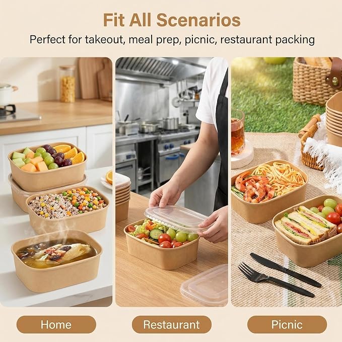 50 Pack Disposable Meal Prep Containers, 29oz Disposable Large Paper Bowls with Lids and Forks for Salad, Noodles, Freezer and Microwavable Storage Use Cardboard Food Containers