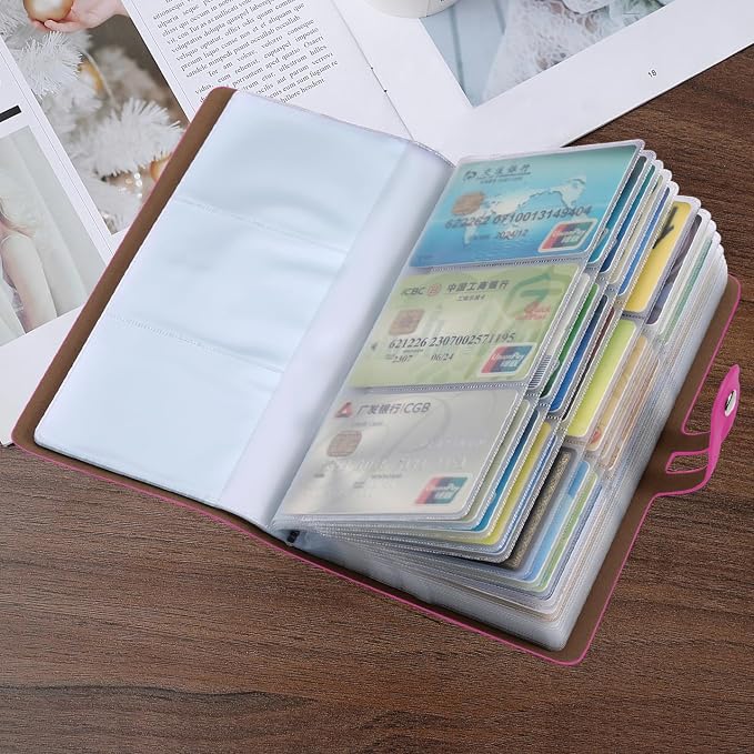 RFID Credit Card Holder, Leather Business Card Organizer with 96 Card Slots, Credit Card Case for Managing Your Different Cards and Important Documents to Prevent Loss or Damage (Rose Red)