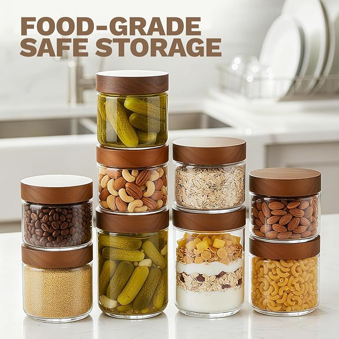 Bumobum 8 oz Glass Jars with Lids, Small Jars for Loose Leaf Tea, 6 Pack | Airtight containers with acacia wood tops and wide openings; for loose leaf tea storage, coffee, snacks, yogurt and spices.