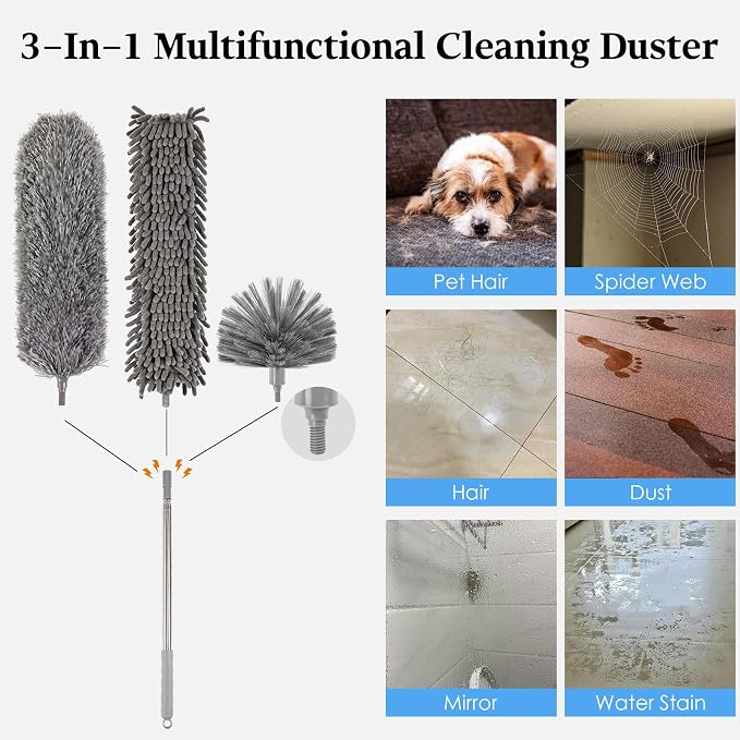 Microfiber Feather Duster 5-in-1 Kit with Extension Pole, Washable Cleaning Duster Set with 3 Duster Heads, Cobweb Duster, Corner Brush, 100'' Extendable Long Duster for High Ceilings, Fans, Furniture