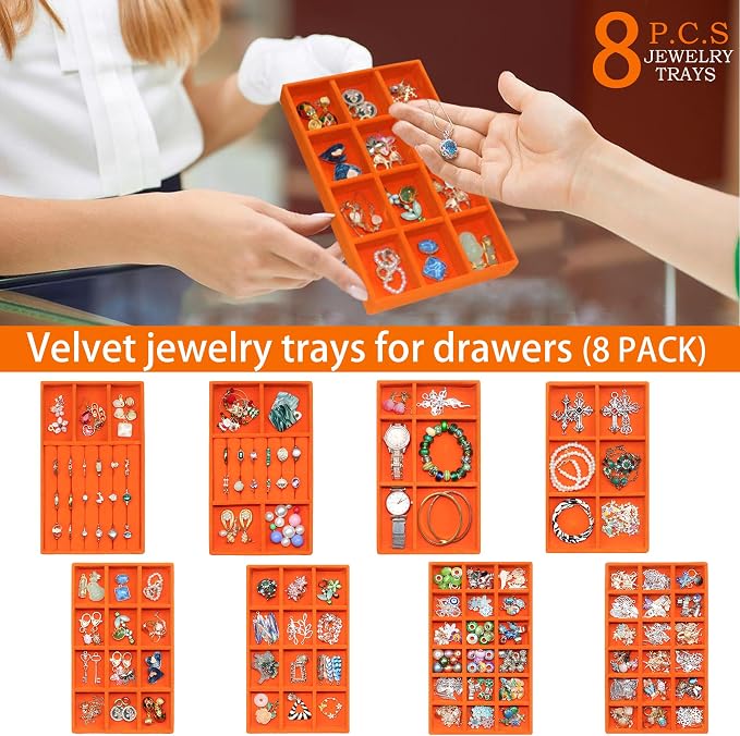 Jewelry Organizer Tray Set of 8, Stackable Velvet Jewelry Trays with Removable Dividers, Drawer Inserts Earring Organizer for Women, Jewelry Storage Display Case for Rings Necklaces Bracelets, Orange
