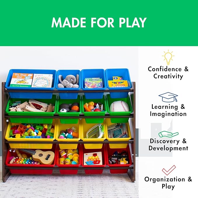Humble Crew Toy Storage Organizer with 16 Removable Storage Bins for Kids Playroom, 4-Tier Toddler Toy Organization and Storage, Walnut/Primary
