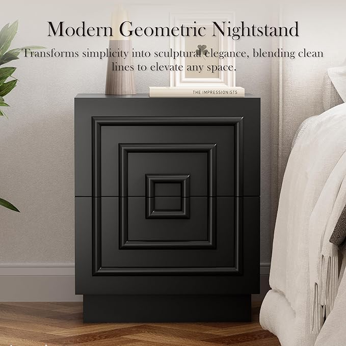 Aoikax Modern 2-Drawer Nightstand, Sculptural Rustic Nightstand with Geometric Square Pattern, Contemporary Accent End Table, Black