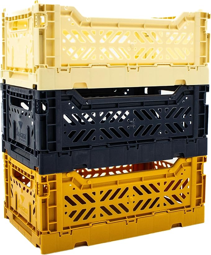 Collapsible Storage Box, Foldable Crate Organizer Bin with Handle, Stackable Crates for Home Organization (Cream-Navy-Mustard, 4L -3-Pack)