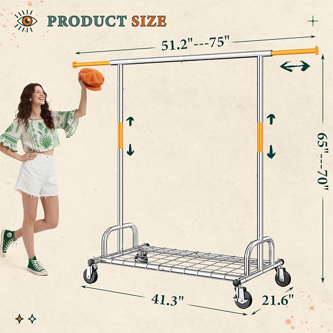 Raybee Heavy Duty Clothes Rack, 530LBS Capacity, Space-Saving Storage | 75"W Extendable Rod, Height Adjustable, Bottom Shelf, 360° Lockable Wheels, Collapsible Design, 5-Minute Tool-free Assembly