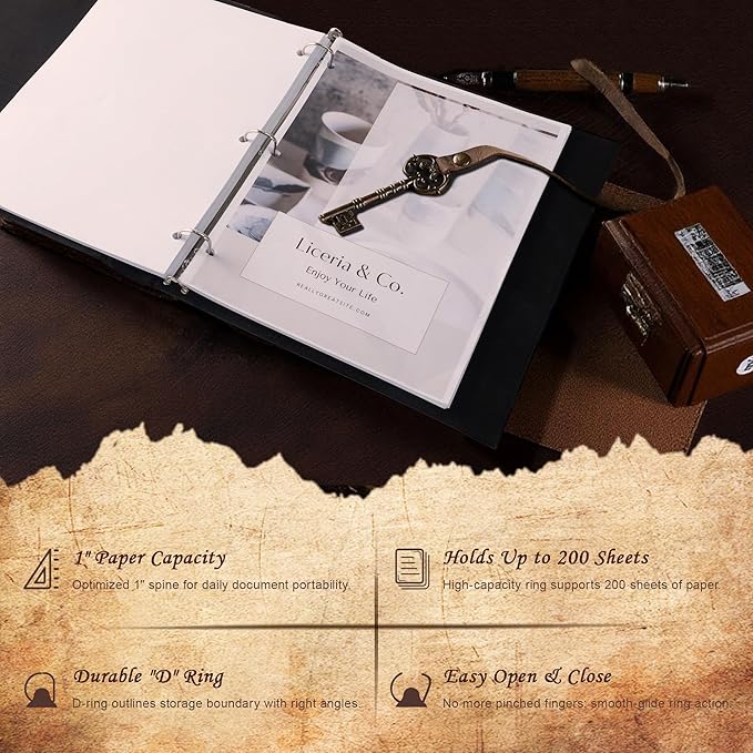 Ospelelf Vintage Leather 3 Ring Binder 1 Inch, Hardback D Ring Binder with Pockets and 5 Tab Dividers, Book Style Document Organizer Fits Letter Size Paper for Home and Office Black