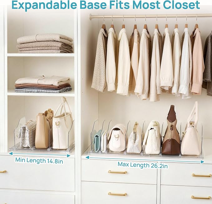 Vtopmart Adjustable Purse Organizer with Expandable Base & Sliding Dividers | 1 Extendable Base & 8 Slide-Freely Dividers, Fits Small bag, Handbags, Keeps Bag Upright & Visible, Maximize Closet Spacing