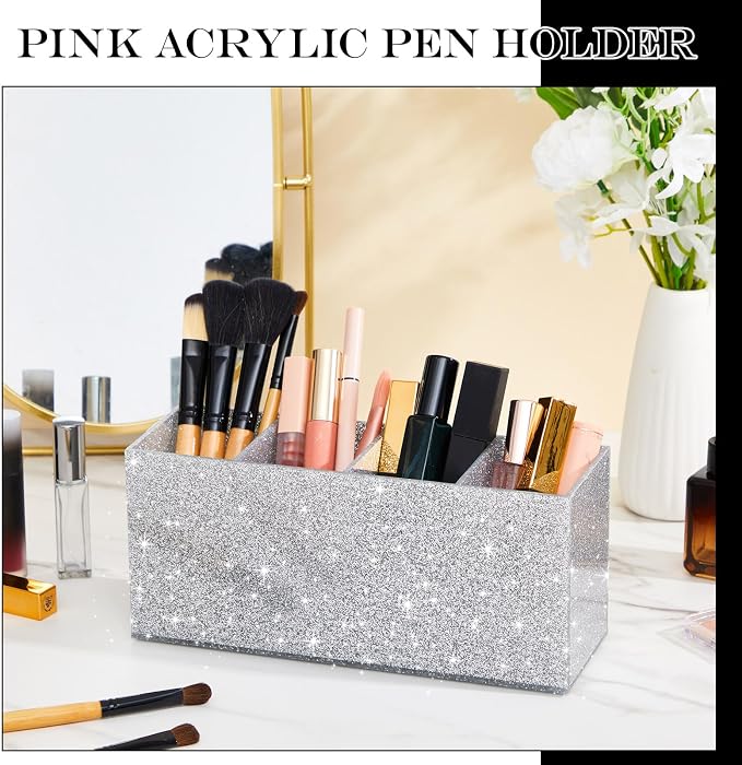 Jetec Acrylic Glitter Silver Pen Holder 4 Compartments Bling Makeup Brush Stationery Organizer Pencil Holder for Desk Accessories Sparkly Gifts for Women Back to School Birthday Desktop Office