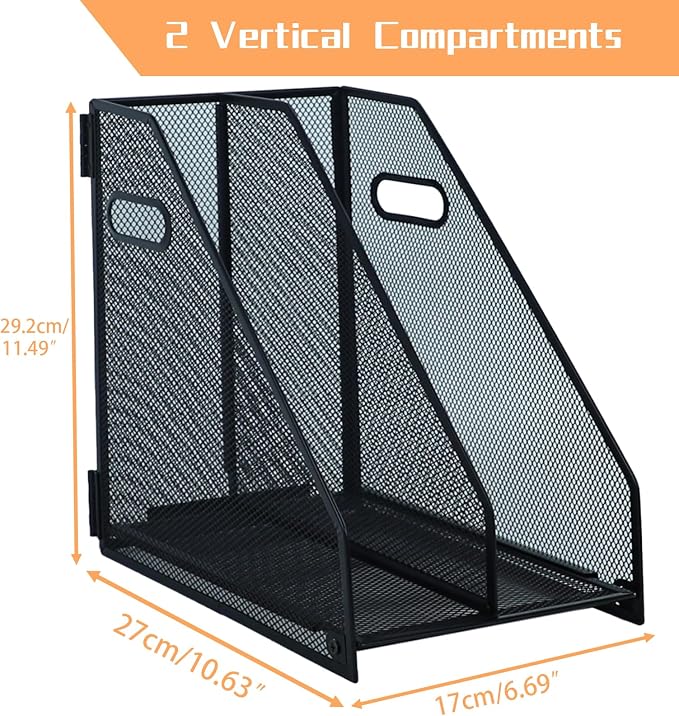 2 compartments metal file racks metal Mesh Desktop Organizer for Desk, Storage Binder Organizer for Office Desktop, Home Workspace and School