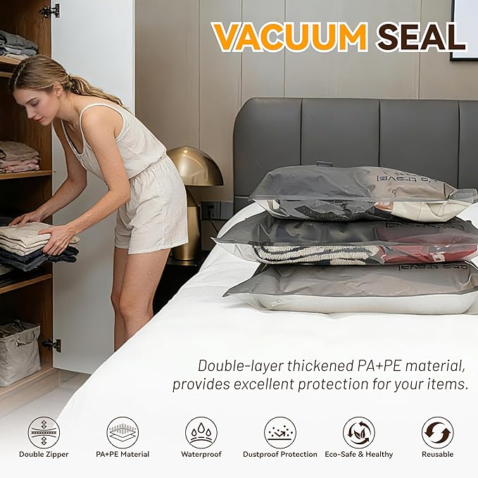 Travel Vacuum Bags for Clothing with Rechargeable Cordless Pump,Vacuum Storage Bags,12 Pack Vacuum Bags,Compression Packing for Clothes,Pillows,Comforters & Travel