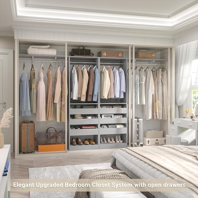 5FT Closet System with 3 Half-Open Wooden Drawers, 60'' Closet Organizer System with 2 Reversible Hanging Rods and Big Wing Shelf, 80" Tall Wall Mounted Wardrobe for Walk-in Closets, Grey