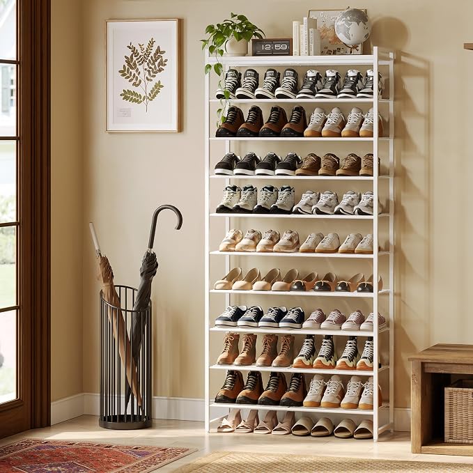 10 Tier Shoe Rack Organizer for 40-50 Pairs, Tall Metal Shoe Storage Shelf with Wood Top, Adjustable Boot Space, Narrow Design for Entryway Closet,White