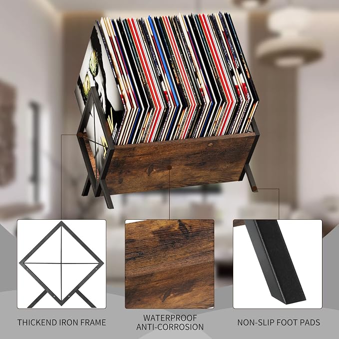 YINMIT Vinyl Record Holder, 80-100 LP Vinyl Record Storage Rack, Quick Assembly Vinyl Record Display, Retro Style Organizer for Magazine, Book, Files, Albums (Rustic Brown, 1 Tier)
