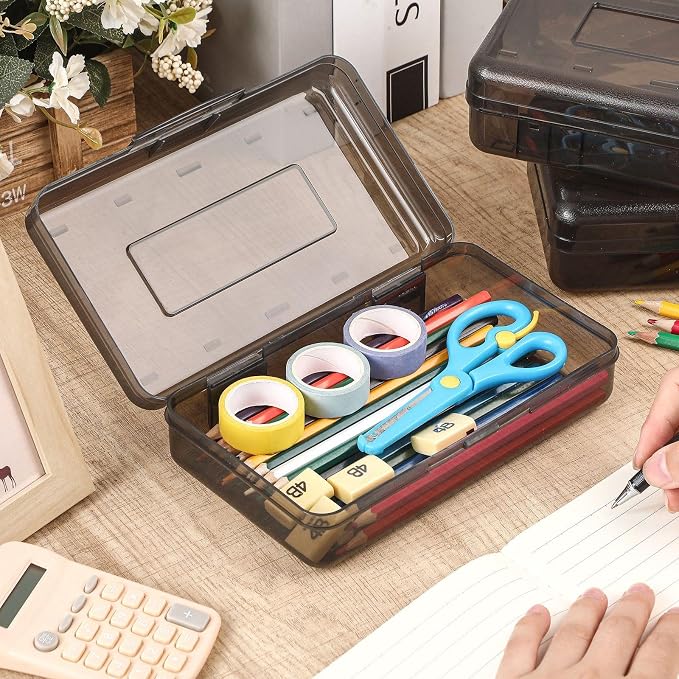 Blulu 6 Pack Large Plastic Pencil Case Box Clear Pencil Boxes Bulk Hard Crayon Box Storage with Snap Lids 8.1 x 4.7 x 2.2 Inch Painting Organizer Classroom Stationery School Supplies (Gray)