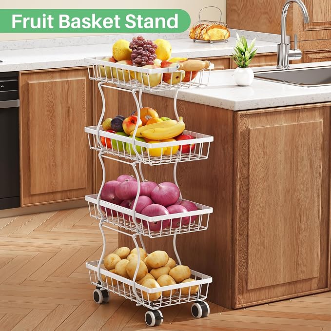 SAYZH Fruit Basket Kitchen Pantry Organizers and Storage - 4 Tier Stackable Metal Wire Basket Stand for Fruit Vegetable Snacks Jars Bins Containers Organization, (White, 4 Tiers)