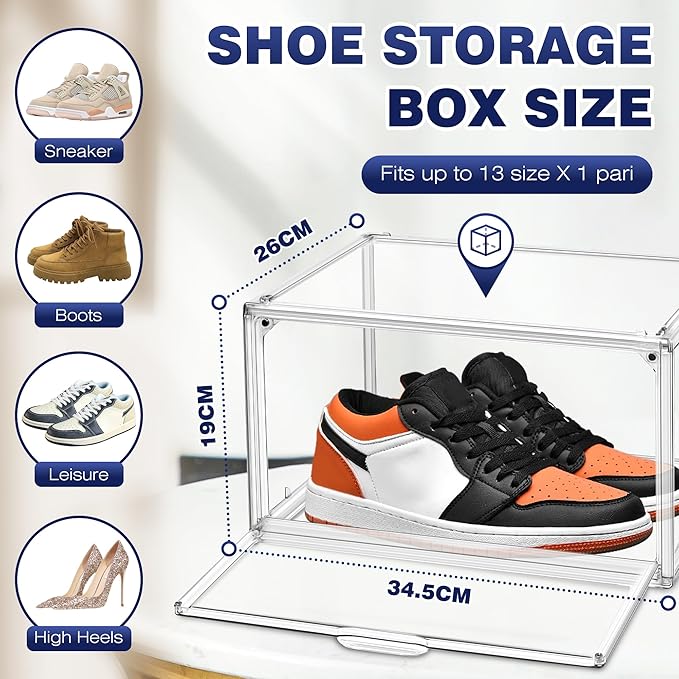 12 Pack Acrylic Clear Shoe Storage Boxes Size 12, Transparent Display Case for Sneaker Collections, Baseball Caps, Hat Organizer Dust-free Shoe Cubbies Stackable Sneaker Boxes