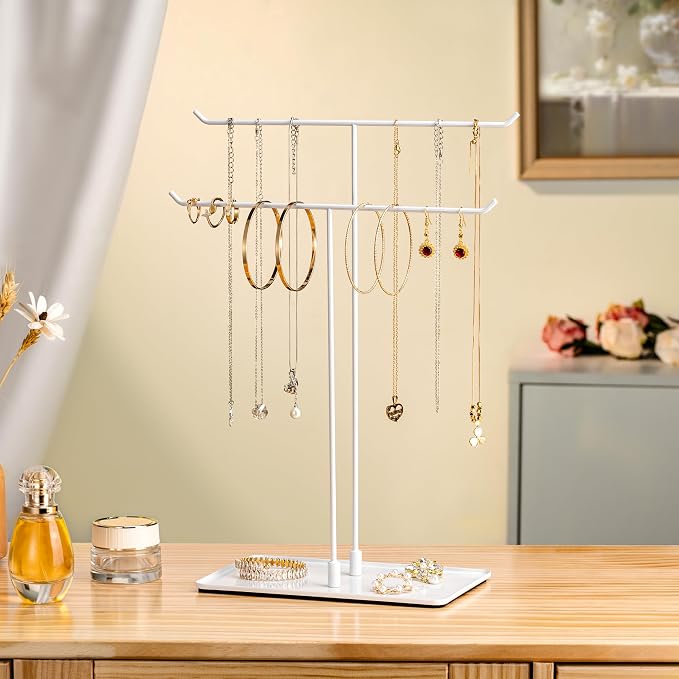 bussdis Necklace Holder Stand,Metal Jewelry Organizer for Home Decor,White | Modern Design,Easy Assembly,Non-Slip EVA Pads,Gift for Woman,Necklace Display for Bedroom,Vanity and Dresser