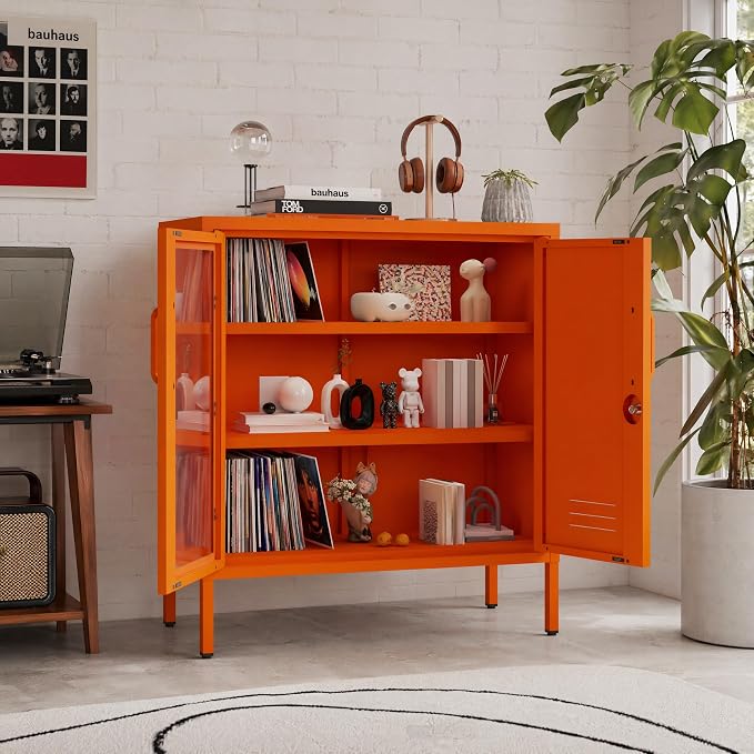 Lockable Metal Storage Cabinet Locker Adjustable Shelves, Modern Cabinets Versatile Storage Lockers Easy Assembly Durable Metal Sideboard Furniture for Living Room Home Office Orange