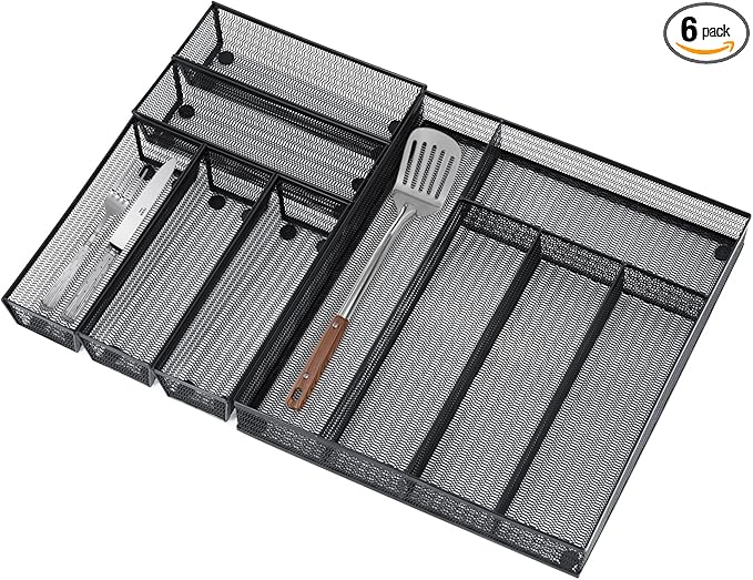 Neudeco Drawer Organizer Set 6 Pack - 5-Compartment Silverware Organizer Tray + 5 Utensil Trays, Kitchen Drawer Organizer for Flatware, Cutlery, Office Supplies, Black Mesh, Non-Slip.