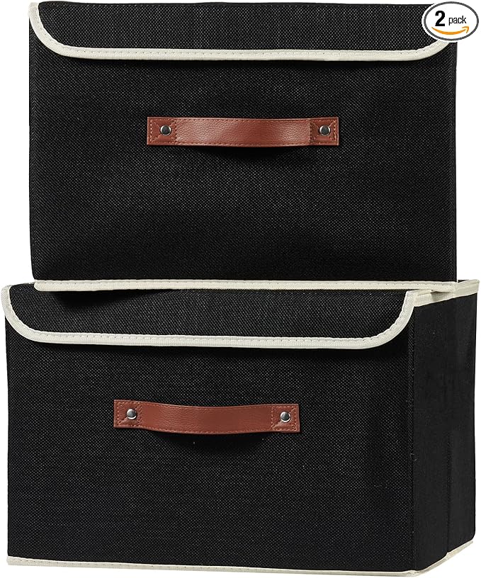 2PCS Storage Boxes with Lid Cotton Linen Fabric Storage Bins Organizer Container Decorative Collapsible Washable Shelf Closet Baskets Faux Leather Handles Home Bedroom (Black, Large Size)