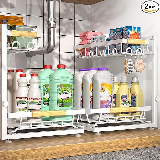 Sevenblue 2 Packs Under Sink Organizer, Height Adjustable 2 Tier Under Kitchen Sink Organizer, Multi-Purpose Storage Shelf for Kitchen Bathroom Cabinet (White, Extra Large)